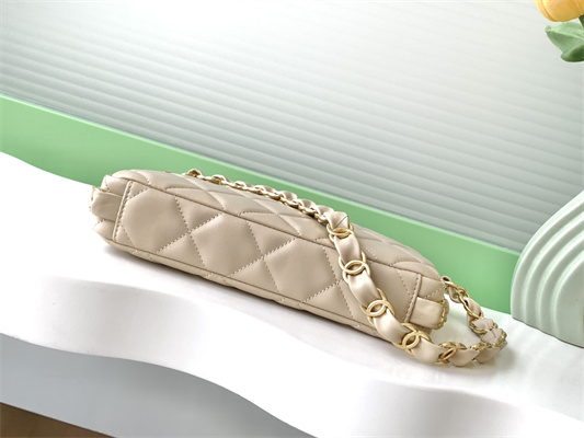 Cha.nel Hobo Handbag Lambskin & Gold-Tone Metal Beige AS5177