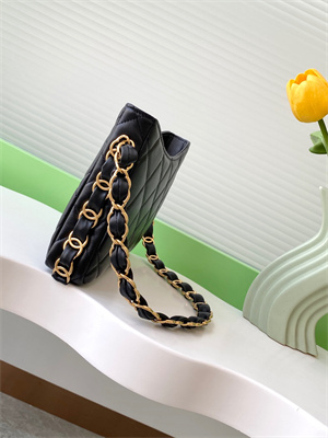 Cha.nel Hobo Handbag Lambskin & Gold-Tone Metal Black AS5177