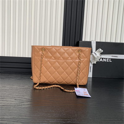 Cha.nel Small Tote Shiny Lambskin & Gold-Tone Metal Brown AS5215