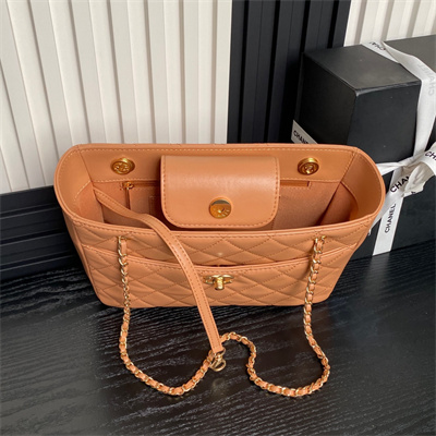 Cha.nel Small Tote Shiny Lambskin & Gold-Tone Metal Brown AS5215