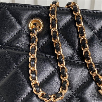 Cha.nel Small Tote Shiny Lambskin & Gold-Tone Metal Black AS5215