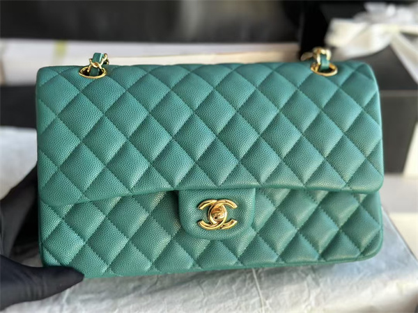 Ch*el medium classic flap bag grained calfskin gold tone metal green 01112