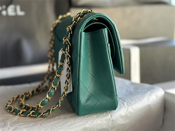 Ch*el medium classic flap bag grained calfskin gold tone metal green 01112