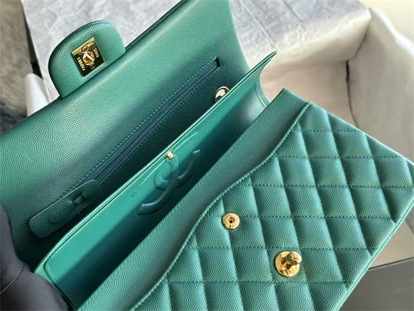 Ch*el medium classic flap bag grained calfskin gold tone metal green 01112