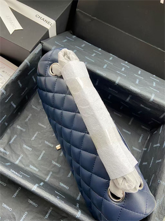 Ch*el medium classic flap bag lambskin silver tone metal navy 01112