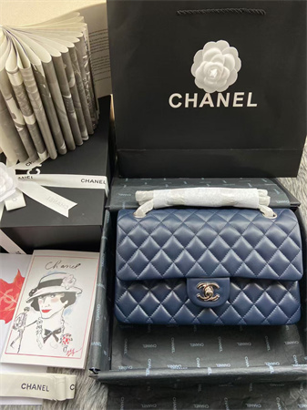 Ch*el medium classic flap bag lambskin silver tone metal navy 01112