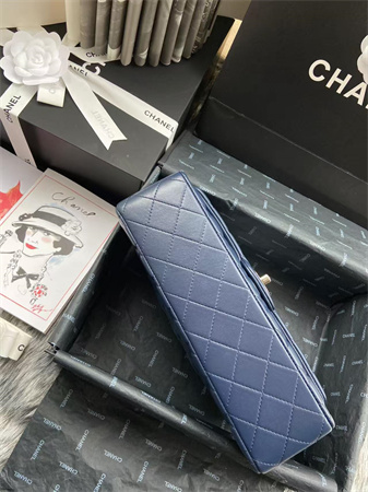 Ch*el medium classic flap bag lambskin silver tone metal navy 01112