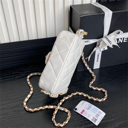 Ch*el mini flap bag with top handle lambskin gold tone metal white color as5298