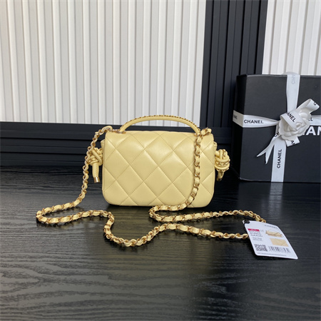 Ch*el mini flap bag with top handle lambskin gold tone metal yellow color as5298