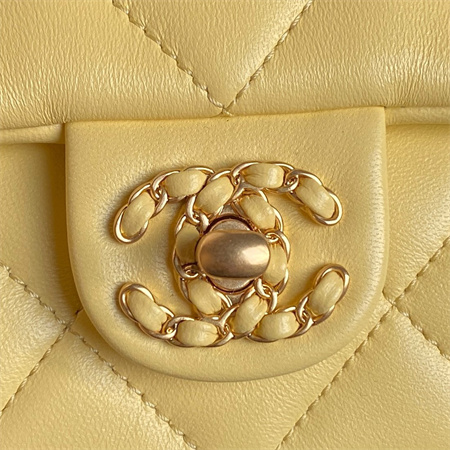 Ch*el mini flap bag with top handle lambskin gold tone metal yellow color as5298