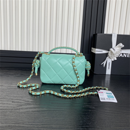 Ch*el mini flap bag with top handle lambskin gold tone metal green color as5298