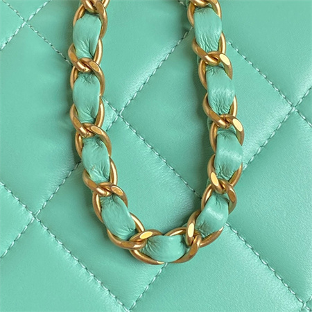 Ch*el mini flap bag with top handle lambskin gold tone metal green color as5298