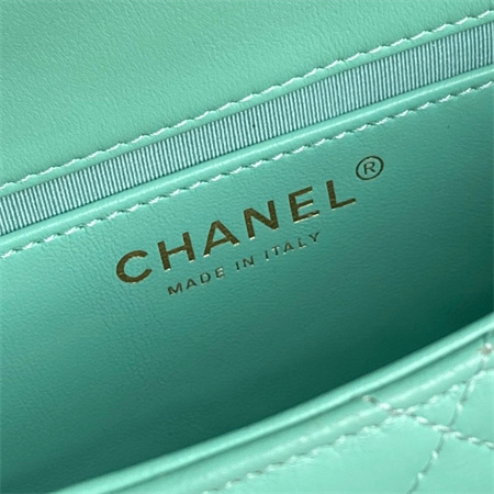 Ch*el mini flap bag with top handle lambskin gold tone metal green color as5298