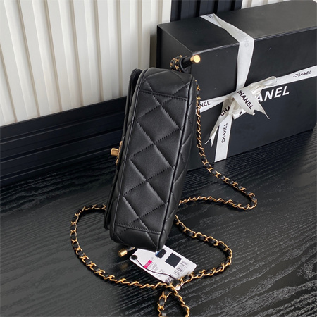 Ch*el flap bag with top handle lambskin gold tone metal black color as5317