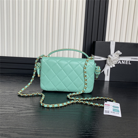 Ch*el flap bag with top handle lambskin gold tone metal green color as5317