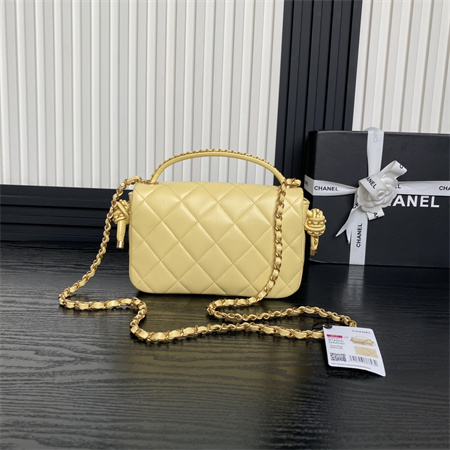Ch*el flap bag with top handle lambskin gold tone metal yellow color as5317