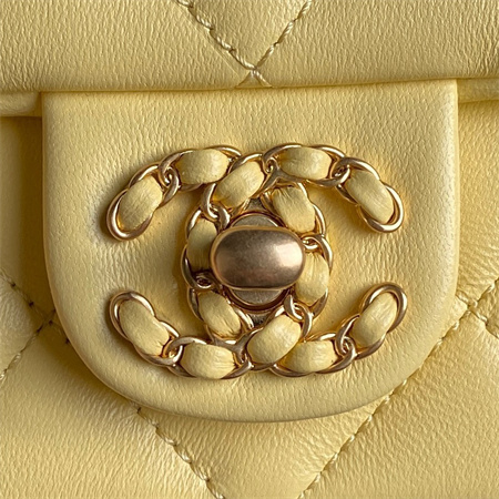 Ch*el flap bag with top handle lambskin gold tone metal yellow color as5317