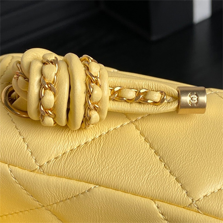 Ch*el flap bag with top handle lambskin gold tone metal yellow color as5317