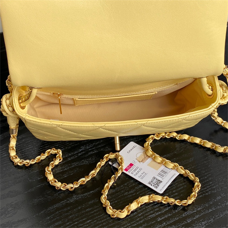 Ch*el flap bag with top handle lambskin gold tone metal yellow color as5317