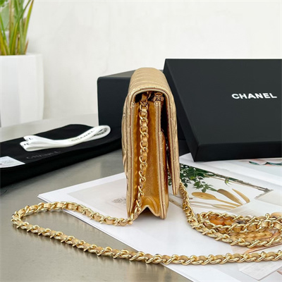 Ch*el wallet on chain lambskin gold tone metal gold ap0250