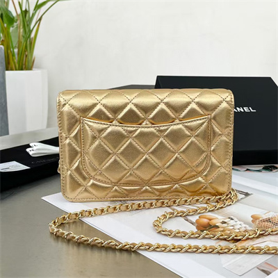 Ch*el wallet on chain lambskin gold tone metal gold ap0250