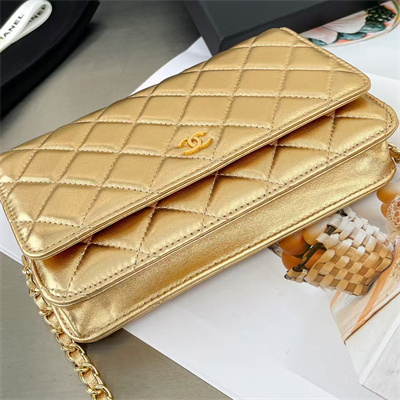 Ch*el wallet on chain lambskin gold tone metal gold ap0250