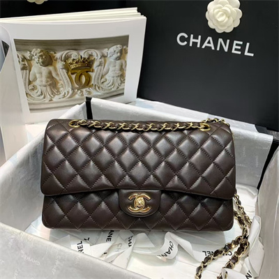 Ch*el medium classic flap bag lambskin gold tone metal dk brown 01112