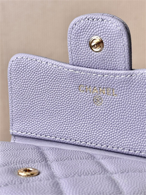 Ch*el small flap wallet tri-fold grained calfskin gold tone metal lt purple a82288