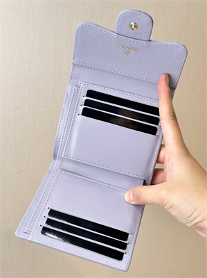 Ch*el small flap wallet tri-fold grained calfskin gold tone metal lt purple a82288