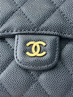 Ch*el small flap wallet tri-fold grained calfskin gold tone metal black a82288