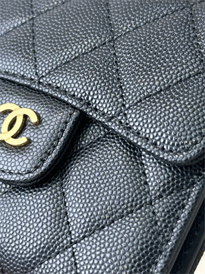 Ch*el small flap wallet tri-fold grained calfskin gold tone metal black a82288