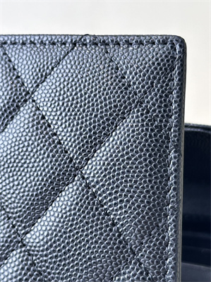 Ch*el small flap wallet tri-fold grained calfskin gold tone metal black a82288