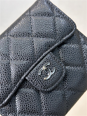 Ch*el small flap wallet tri-fold grained calfskin silver tone metal black a82288 (big grain)