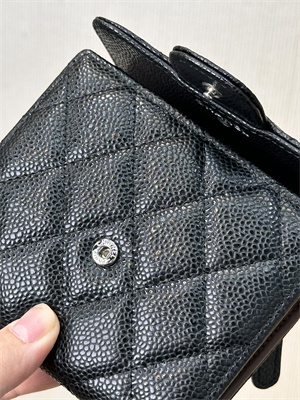 Ch*el small flap wallet tri-fold grained calfskin silver tone metal black a82288 (big grain)