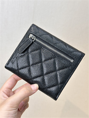 Ch*el small flap wallet tri-fold grained calfskin silver tone metal black a82288 (big grain)