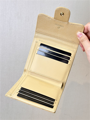 Ch*el small flap wallet tri-fold grained calfskin gold tone metal beige a82288