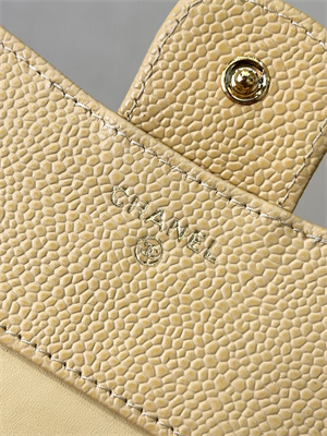 Ch*el small flap wallet tri-fold grained calfskin gold tone metal beige a82288