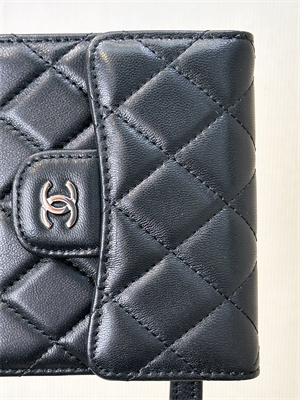 Ch*el small flap wallet tri-fold lambskin silver tone metal black a82288