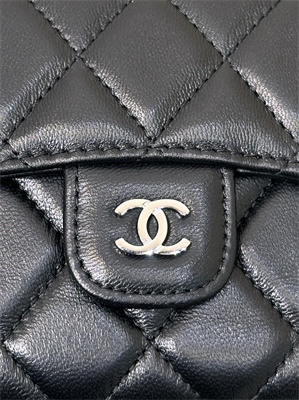 Ch*el small flap wallet tri-fold lambskin silver tone metal black a82288