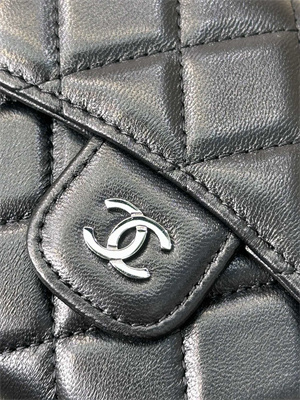 Ch*el small flap wallet tri-fold lambskin silver tone metal black a82288