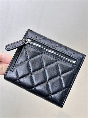 Ch*el small flap wallet tri-fold lambskin silver tone metal black a82288
