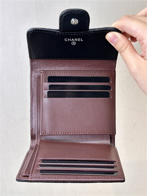 Ch*el small flap wallet tri-fold lambskin silver tone metal black a82288