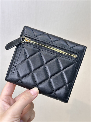 Ch*el small flap wallet tri-fold lambskin gold tone metal black a82288