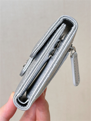 Ch*el small flap wallet tri-fold lambskin silver tone metal silver a82288