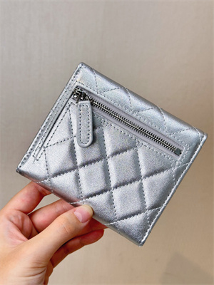 Ch*el small flap wallet tri-fold lambskin silver tone metal silver a82288