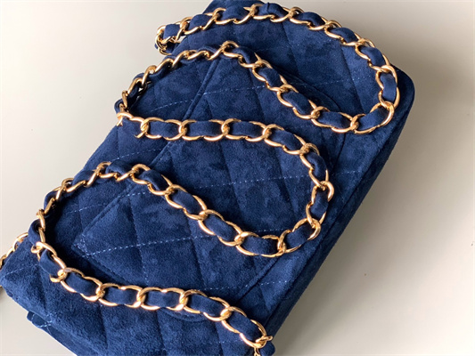 Cha.nel Mini Classic Flap Bag Suede Gold Tone Metal Blue 01116