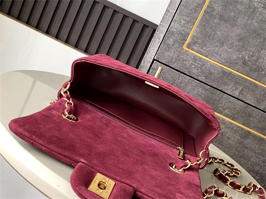 Cha.nel Mini Classic Flap Bag Suede Gold Tone Metal Burgundy 01116