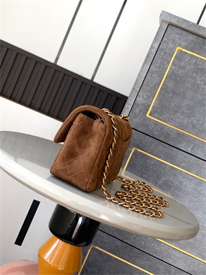 Cha.nel Mini Classic Flap Bag Suede Gold Tone Metal Brown 01116