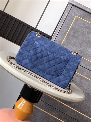 Cha.nel Medium Classic Flap Bag Suede Gold Tone Metal Blue 01112