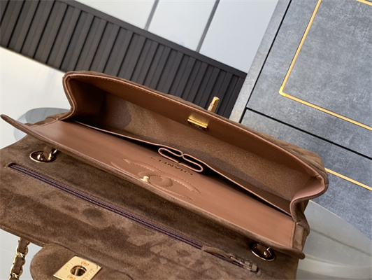 Cha.nel Medium Classic Flap Bag Suede Gold Tone Metal Brown 01112